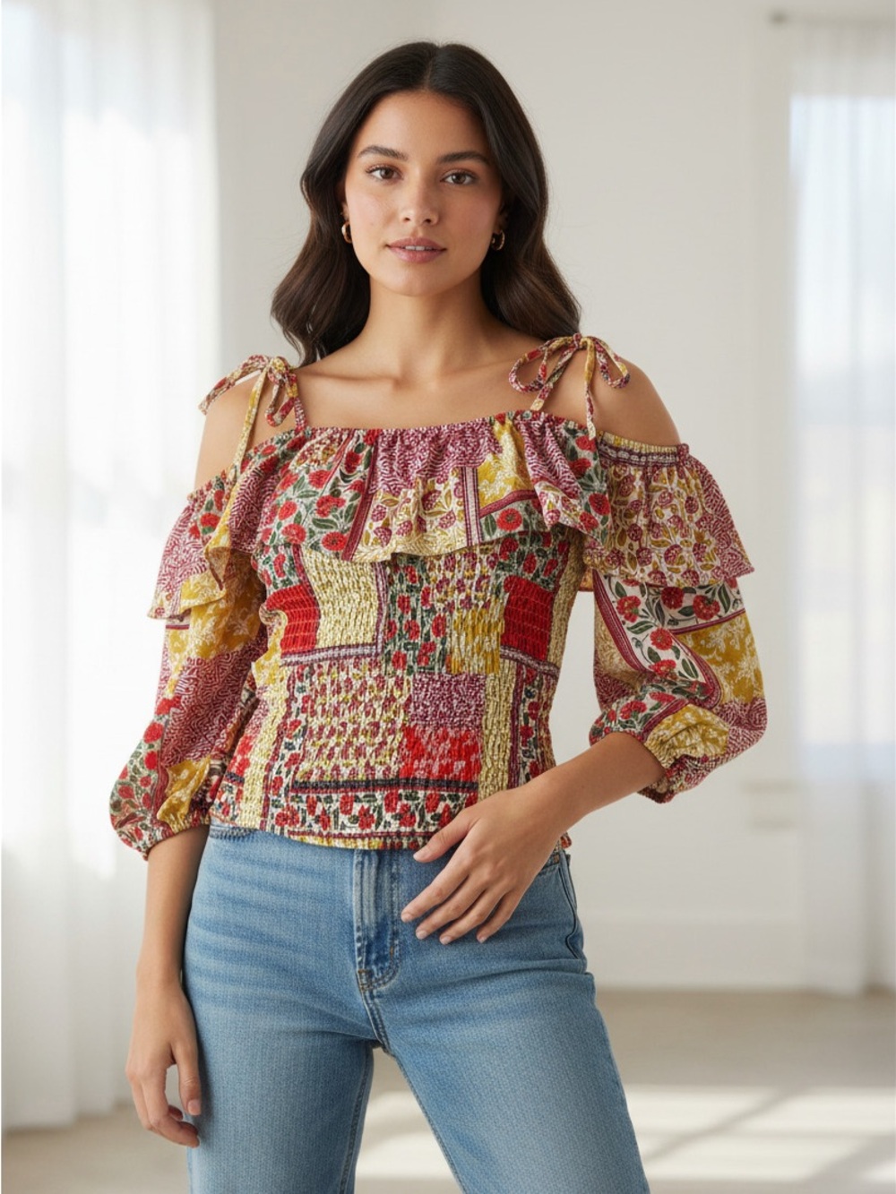 Boohoo Cold-Shoulder Smocked Patchwork Top